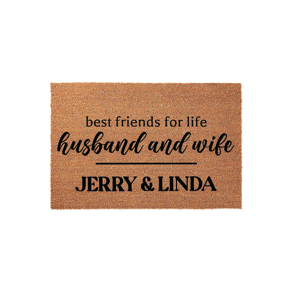Personalized husband and wife doormat featuring a natural coir texture with black printed text that reads best friends for life, husband and wife, and includes a space for a couple's names on a clean, isolated white studio