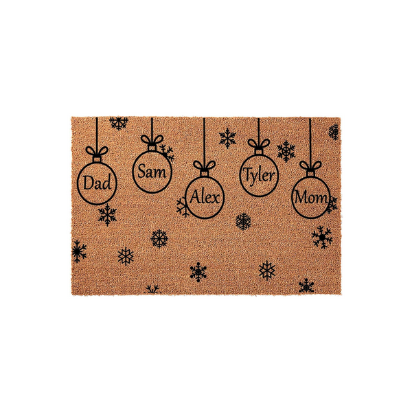 Personalized Christmas ornament doormat featuring hanging bauble designs on a natural coir background, with custom names and titles like Mom and Dad printed inside each ornament alongside festive black snowflake patterns for the