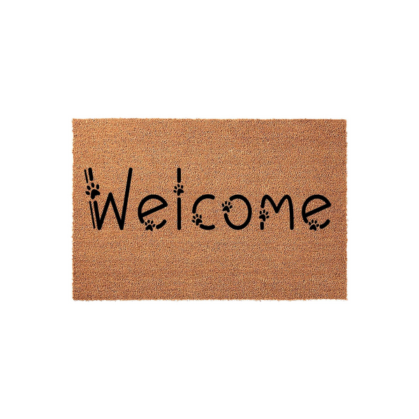 Paw Print Welcome Doormat featuring a natural coir fiber texture and black lettering where the letters are creatively formed by small dog or cat paw prints, set against a clean white background for a charming pet-themed entryway