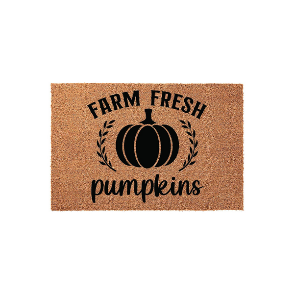 Farm Fresh Pumpkins coir doormat featuring a rustic fall design with a black pumpkin graphic and elegant script text, set against a clean white background to highlight the natural texture of the durable outdoor welcome mat