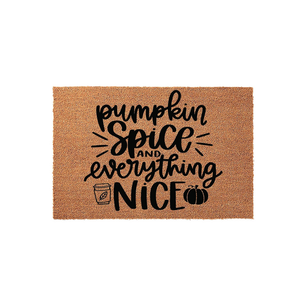 Pumpkin Spice and Everything Nice coir doormat featuring black script lettering, a coffee cup icon, and a pumpkin graphic on a natural tan fiber background, creating a festive fall entryway decor piece for your front porch.