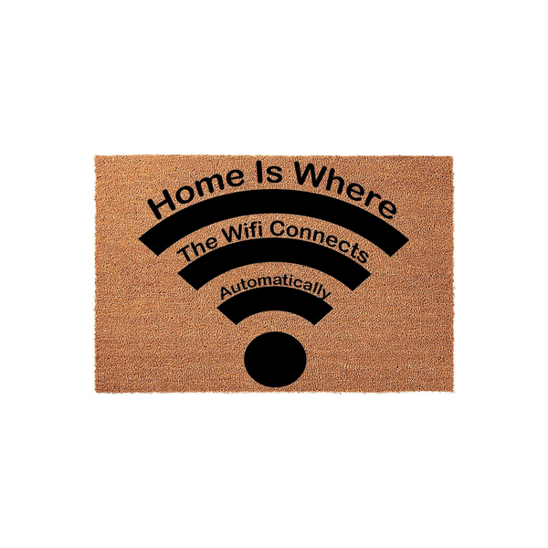 Home Is Where The Wifi Connects Automatically doormat featuring a natural coir fiber texture and a bold black graphic of a wireless internet signal icon printed in the center of this rectangular front porch welcome mat for tech