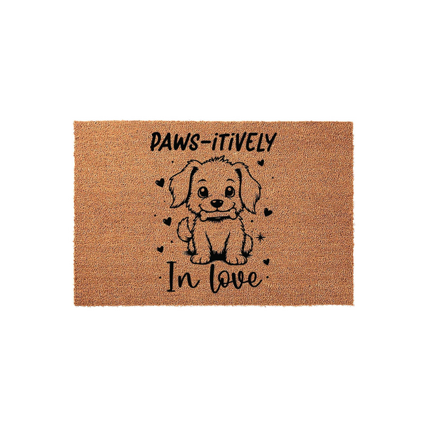 Paws-itively In Love dog doormat featuring a cute puppy illustration with a bone, printed in black ink on a natural tan coir fiber mat, creating a charming entryway accent for any pet lover's home decor on a plain white