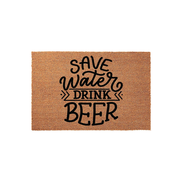 Save Water Drink Beer funny doormat made of natural coir fibers with a textured brown surface, featuring bold black typography that adds a humorous and welcoming touch to any front porch or entryway decor for beer lovers.