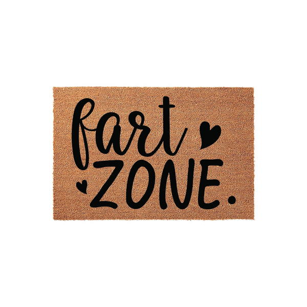 Funny Fart Zone coir doormat featuring bold black script and block lettering printed on a natural brown coconut fiber mat, creating a humorous and lighthearted welcome for any home entrance or front porch area.