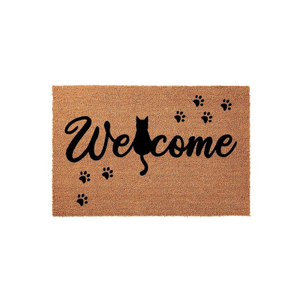 Cat Welcome Doormat featuring a natural coir texture with a black silhouette of a sitting cat integrated into the word Welcome, surrounded by playful black paw prints scattered across the rectangular front door mat surface.