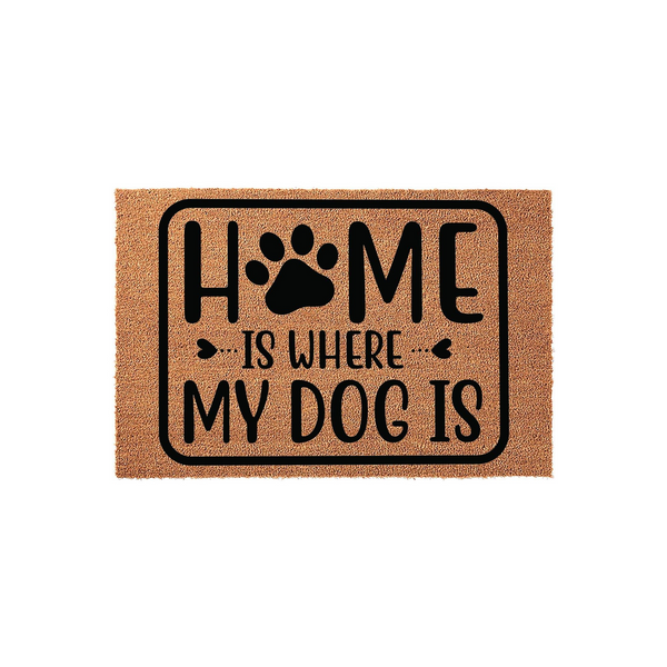 Home Is Where My Dog Is coir doormat featuring a black paw print design on a natural tan fiber background, perfect for pet lovers who want to add a welcoming and personalized touch to their front porch entryway decor.