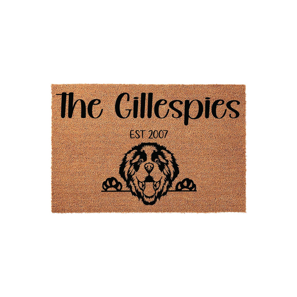 Personalized Bernese Mountain Dog doormat featuring a cute dog illustration peeking over the bottom edge, with custom family name text and established year printed in black on a natural tan coir fiber background for a front porch.