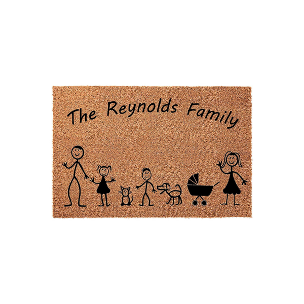 Personalized family stick figure doormat featuring a custom last name and illustrated characters including parents, children, a cat, a dog, and a baby stroller on a natural coir fiber background for a welcoming home entrance