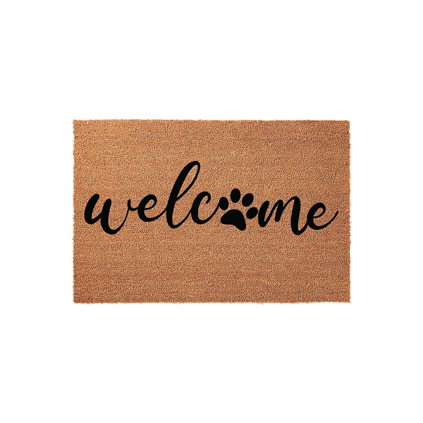 Pet lover welcome doormat made of natural coir fiber, featuring the word welcome in black script lettering where the letter o is replaced by a cute paw print design, set against a clean white background for a modern entryway look.