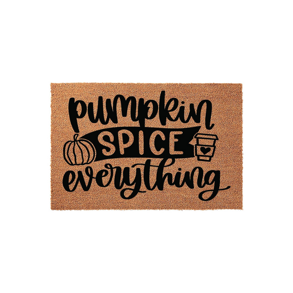 Pumpkin Spice Everything Fall Doormat featuring a natural coir texture with black script lettering, a small pumpkin icon, and a coffee cup graphic, making it a festive autumn porch decor piece for your home entrance during the