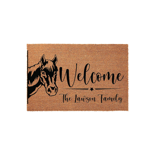 Personalized Horse Welcome Doormat featuring a black silhouette of a horse head on the left side, with the word Welcome and a custom family name printed in elegant black script on a natural tan coir fiber background for a rustic