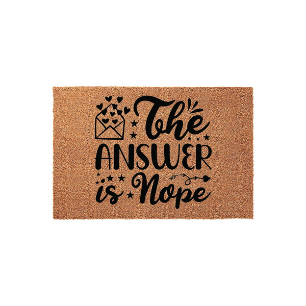 Funny The Answer Is Nope doormat featuring a natural coir texture and bold black typography, accented by a small envelope icon with floating hearts to create a humorous and welcoming entrance for your front porch or home entryway.