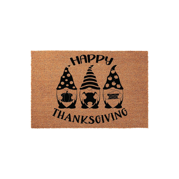 Happy Thanksgiving coir doormat featuring three cute gnomes in patterned hats holding a pumpkin, a turkey, and a pie, set against a natural brown fiber background for festive fall home decor that welcomes guests to your front