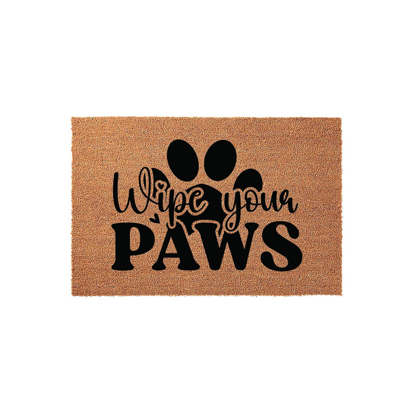 Wipe Your Paws coir doormat featuring a large black paw print graphic and bold, stylized lettering on a natural tan fiber background, creating a fun and functional entryway rug for any pet lover's home decor.