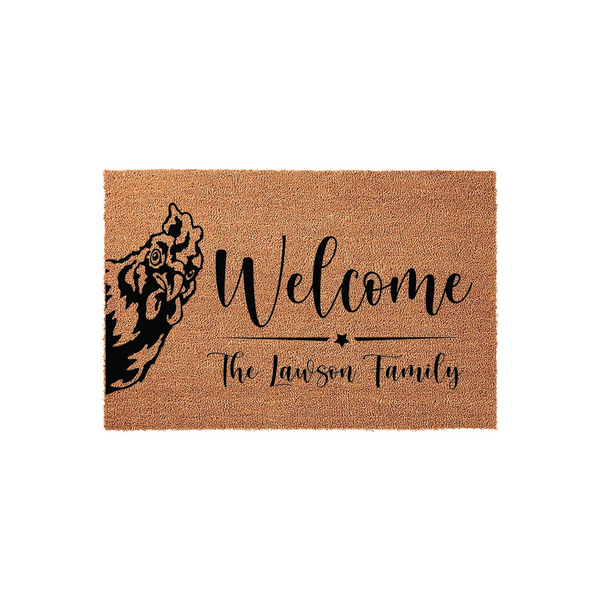 Personalized Chicken Welcome Doormat featuring a rustic coir texture, black printed text that says Welcome and a space for a family name, accented by a detailed silhouette of a chicken on the left side against a clean white