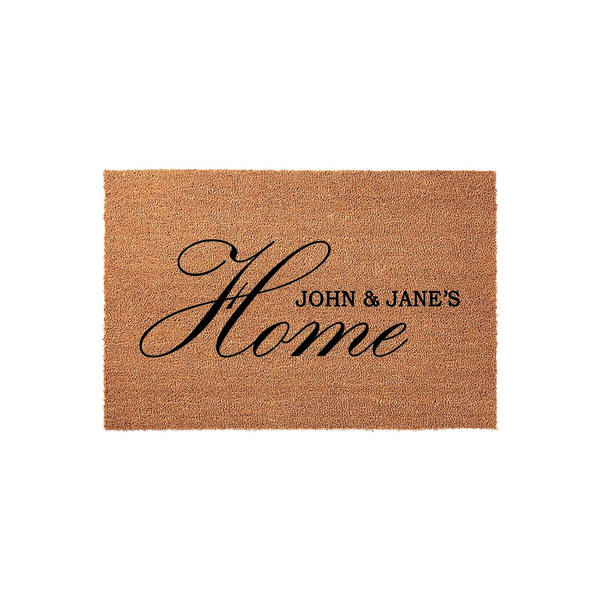 Personalized coir doormat featuring the word Home in elegant black script with space for a custom family name, set against a natural brown textured fiber background that provides a durable and welcoming entrance for any front