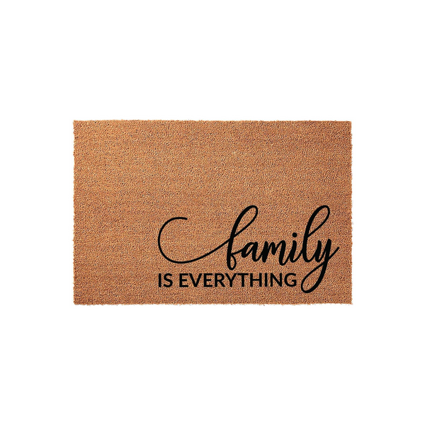 Family Is Everything coir doormat featuring a natural brown fiber texture and elegant black script lettering, providing a warm and inviting welcome for your front porch entrance while keeping your home clean and stylishly