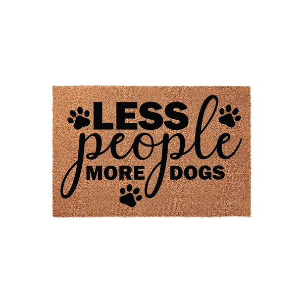 Less People More Dogs coir doormat featuring a natural tan fiber texture with bold black text and decorative paw print accents, creating a humorous and welcoming entryway floor mat for any dog lover home decor style.