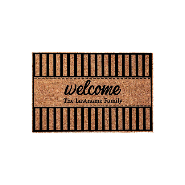 Personalized Striped Coir Doormat featuring a bold black and natural tan striped pattern with a central panel that reads welcome and The Lastname Family in elegant black script and serif fonts for a custom home entryway decor