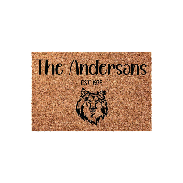 Personalized Collie Dog Coir Doormat featuring a custom family name and established year printed in black ink on a natural brown textured fiber surface, creating a welcoming entrance for any dog lover's home front porch.