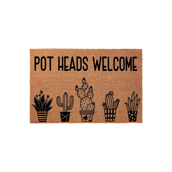 Pot Heads Welcome coir doormat featuring a row of five black illustrated potted cacti and succulents on a natural tan fiber background, creating a fun and humorous entryway decor piece for any plant lover's home front porch or
