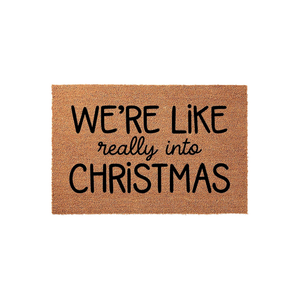 We are really into Christmas coir doormat featuring bold black typography on a natural brown fiber background, making a festive holiday statement for your front porch entrance during the winter season and holiday home decor.