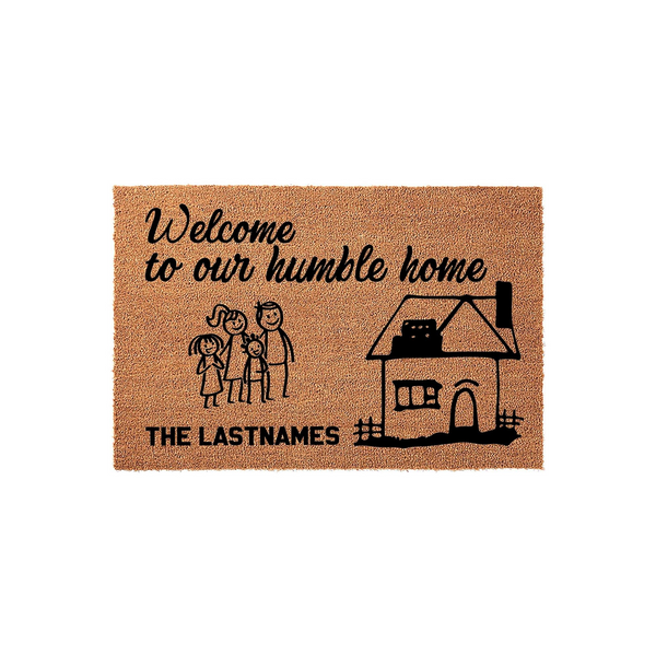 Personalized family name coir doormat featuring a stick figure illustration of a family and a house, with the text Welcome to our humble home printed in black ink on a natural brown textured fiber background for a custom entryway
