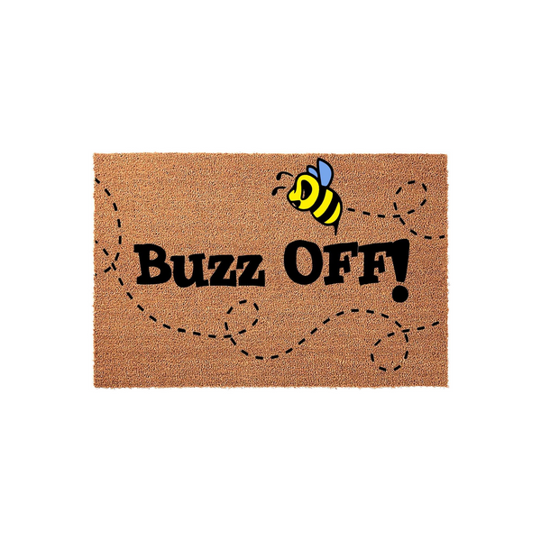 Funny Bee Buzz Off Doormat featuring a cute yellow and black bumblebee illustration with a dashed flight path printed on a natural coir fiber mat, creating a humorous and welcoming entrance for your front porch or home entryway