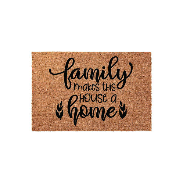 Family Makes This House A Home coir doormat featuring a natural tan fiber texture and bold black script lettering, designed to add a warm and welcoming touch to your front porch entryway decor for any modern farmhouse style home.