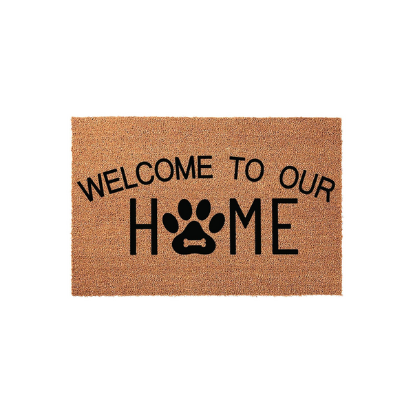 Dog Paw Print Welcome To Our Home Doormat featuring a natural coir fiber texture with bold black lettering and a paw print replacing the letter O, creating a charming entryway accent for any pet lover's front porch or house