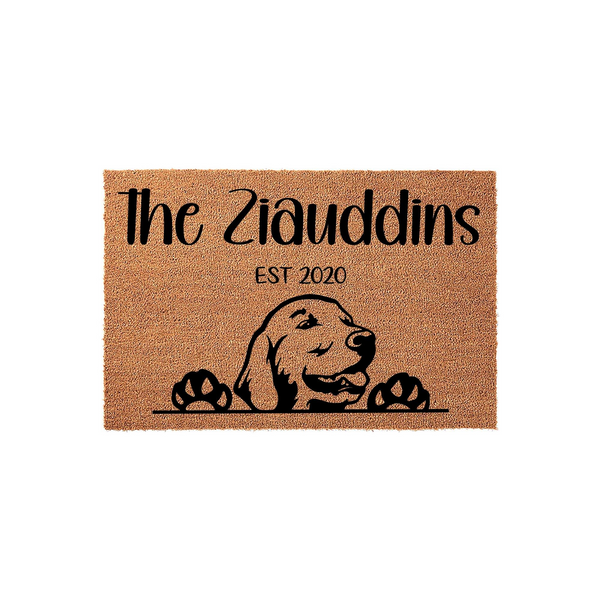 Personalized Golden Retriever doormat featuring a cute dog peeking over the bottom edge, printed on natural coir fiber with a custom family name and established year for a welcoming front porch entrance that celebrates your pet.