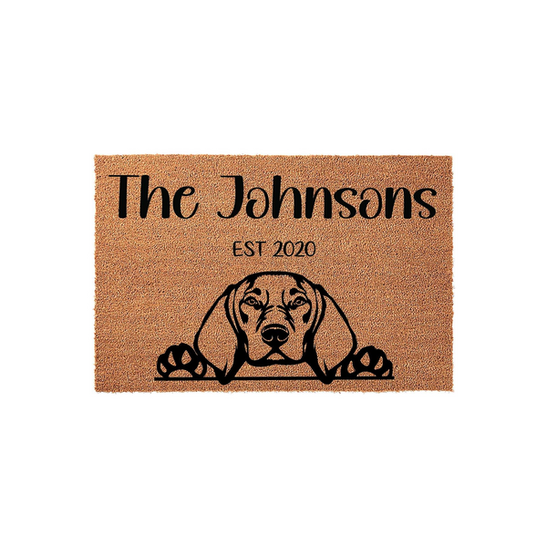 Personalized Beagle dog doormat featuring a cute puppy peeking over the bottom edge, printed on a natural coir fiber mat with a custom family name and established year in elegant black lettering for a welcoming front porch