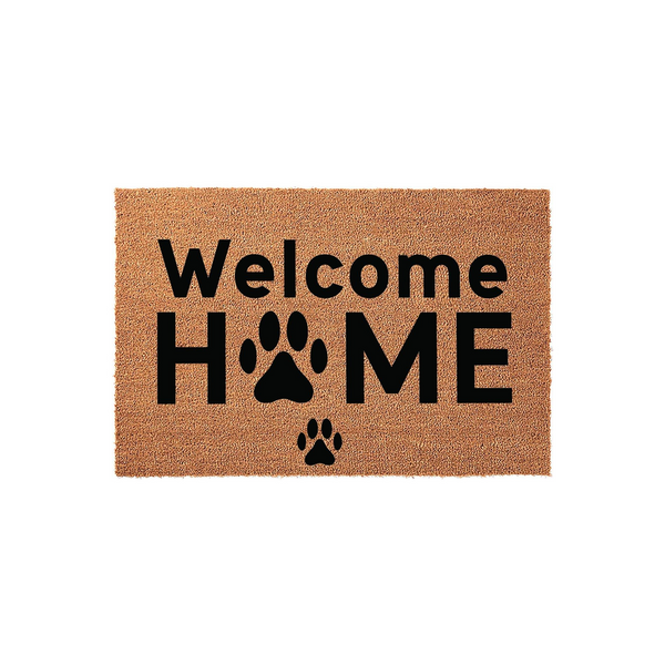 Welcome Home paw print doormat made of natural coir fiber, featuring bold black text and a cute dog paw print replacing the letter O, perfect for pet lovers looking to add a charming touch to their front porch entryway decor.
