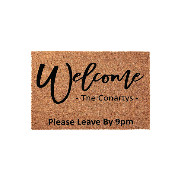Personalized funny doormat featuring a natural coir texture with black text that reads Welcome, a family name placeholder, and the humorous instruction Please Leave By 9pm, set against a clean white background for a modern home
