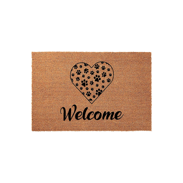 Paw Print Heart Welcome Doormat made of natural coir fiber, featuring a large black heart shape filled with various animal paw prints above the word Welcome in elegant black script, set against a clean and simple white studio