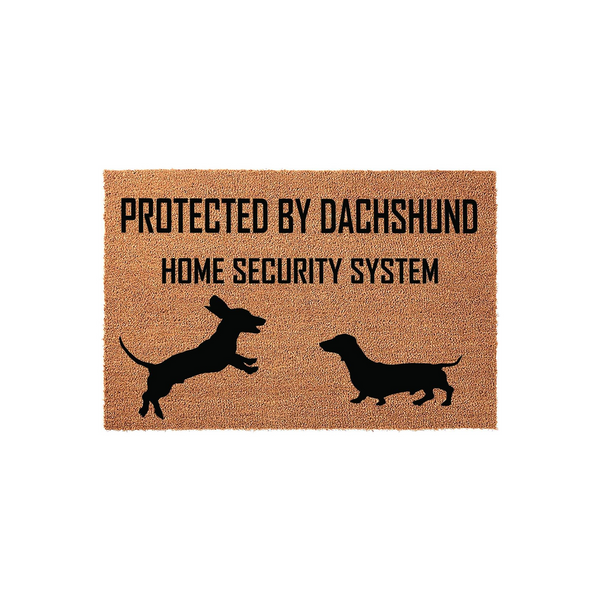 Dachshund Home Security System doormat featuring a natural coir texture with black text and two playful dog silhouettes, making a fun and functional entryway rug for any dog lover who owns this specific breed of small, energetic
