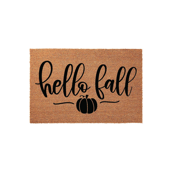 Hello Fall coir doormat featuring a natural brown fiber texture with black script lettering and a small pumpkin icon centered below the text, creating a festive seasonal welcome for your front porch entryway decor.