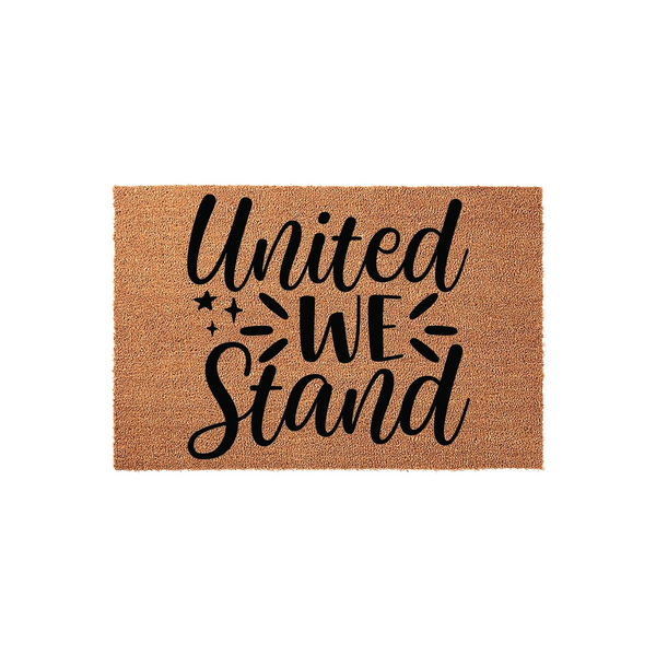United We Stand coir doormat featuring bold black script lettering on a natural brown fiber background, designed to add a patriotic and welcoming touch to your front porch entryway with its durable, textured outdoor floor mat