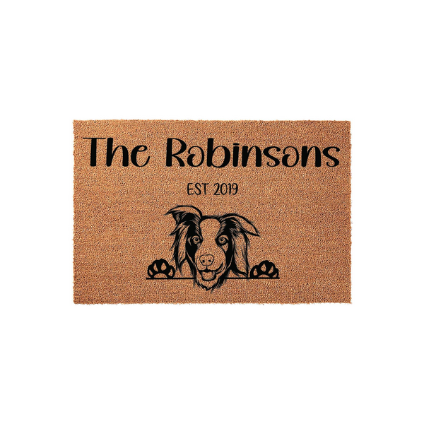 Personalized Border Collie doormat featuring a cute dog illustration peeking over the edge, customized with a family name and established year on a natural coir fiber background for a welcoming front porch entrance.