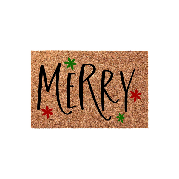 Merry Christmas coir doormat featuring a natural brown fiber texture with the word Merry written in a bold black script font, accented by small red and green floral star shapes against a clean white studio background for holiday