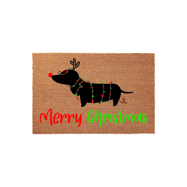 Dachshund Christmas doormat featuring a black silhouette of a dog wrapped in festive red and green string lights with reindeer antlers, set against a natural coir background with the words Merry Christmas printed in colorful