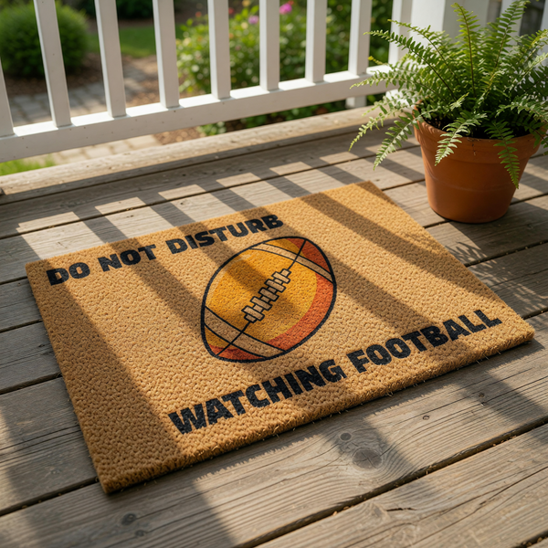 Football doormat with a funny Do Not Disturb Watching Football message, featuring a central orange ball graphic on a natural coir fiber welcome mat for sports fans, perfect for a front porch or entryway decor during game day