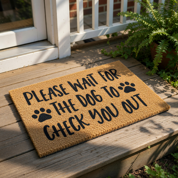 Funny dog doormat with paw prints and text that reads Please Wait For The Dog To Check You Out, a natural coir fiber welcome mat for pet lovers that makes a humorous front porch decor piece for any dog owner home entrance.