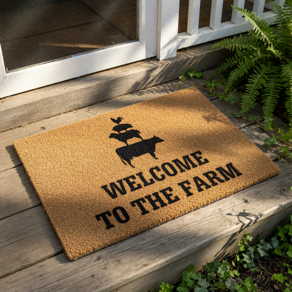Farm animal welcome doormat featuring a stacked silhouette of a cow, sheep, pig, and rooster on natural coir fiber, with the text Welcome To The Farm printed in black, perfect for rustic farmhouse porch decor and outdoor