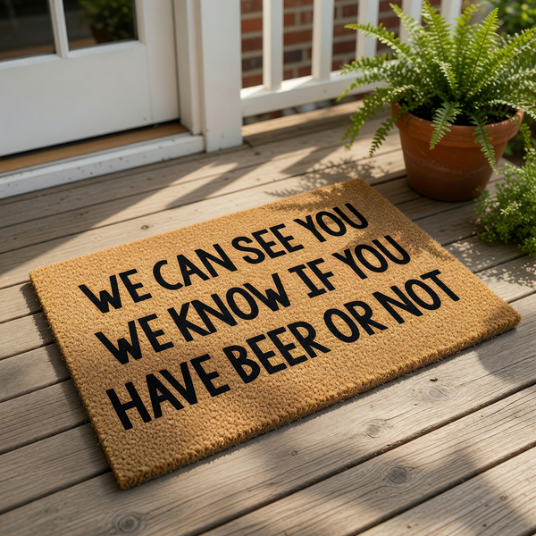 Funny beer doormat with natural coir fiber texture and bold black text that reads We Can See You We Know If You Have Beer Or Not, making this a humorous outdoor welcome mat for a front porch or entryway for any beer lover home
