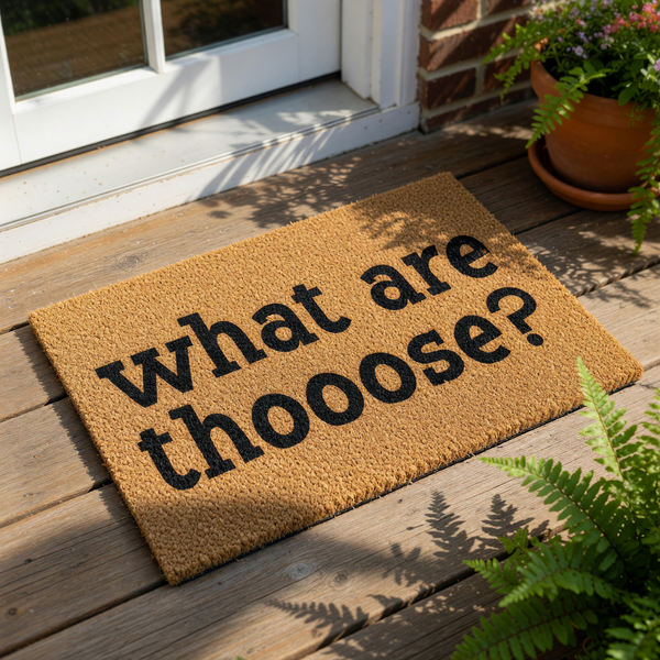 Funny doormat with the text what are thooose printed in bold black letters on a natural coir fiber welcome mat, perfect for a humorous front porch entry or a unique housewarming decor piece for your home entrance and entryway