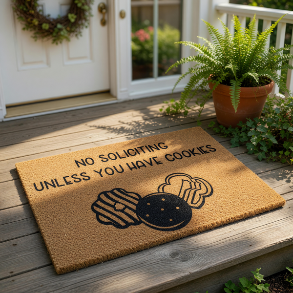 Funny No Soliciting Unless You Have Cookies doormat, a natural coir fiber welcome mat for front porch decor featuring black text and cookie illustrations, perfect for a humorous housewarming entry rug or a quirky home entrance
