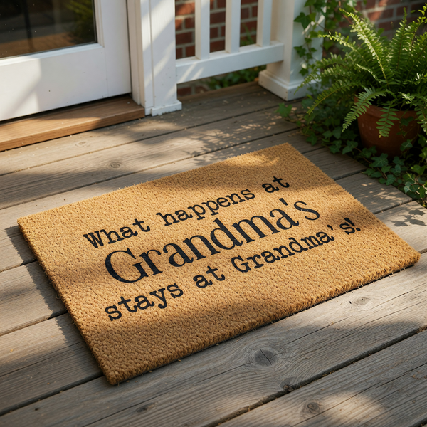 Grandma doormat with funny quote, a natural coir fiber welcome mat for the front porch featuring black text that reads What happens at Grandma's stays at Grandma's, a durable outdoor floor rug for a home entryway or housewarming