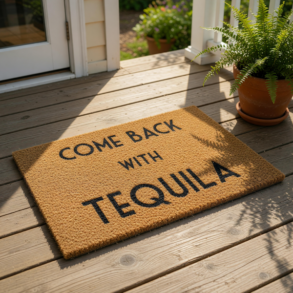 Funny Come Back With Tequila doormat made of natural coir fiber, featuring bold black text on a rectangular welcome mat that serves as a humorous front porch decor piece for any home entrance or apartment door entry way.
